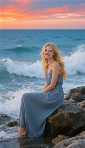 黄昏海边浪花礁石欧美女孩摄影图片